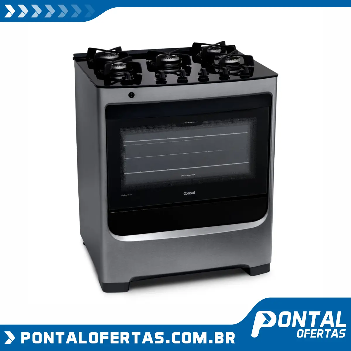 Fogão Consul 5 bocas cor Inox com mesa de vidro e trempe de ferro fundido - BIVOLT Fogão Consul 5 bocas cor Inox com mesa de vidro e trempe de ferro fundido - BIVOLT