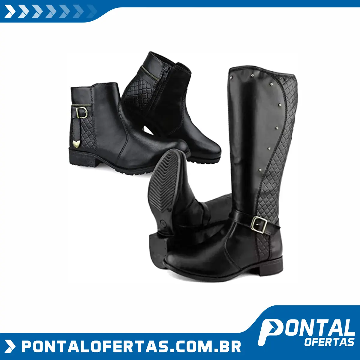 Kit 2 Pares de Botas Femininas Cano Baixo e Cano Alto com Fivela Kit 2 Pares de Botas Femininas Cano Baixo e Cano Alto com Fivela