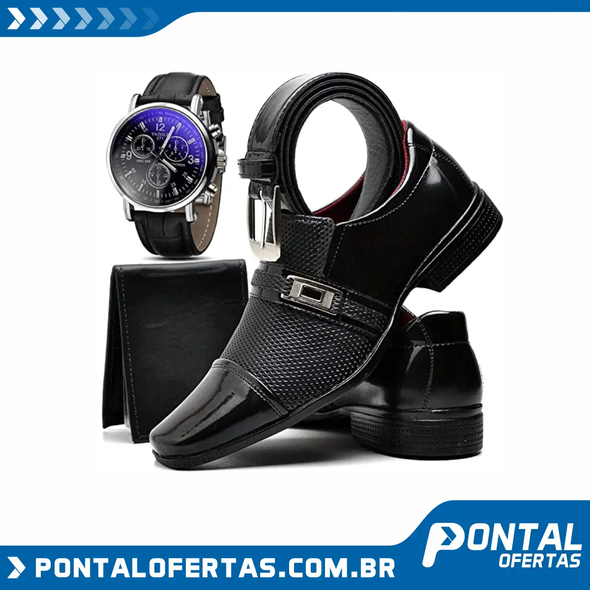 Kit Sapato Social Verniz Com Relógio Cinto Carteira Masculino ZARU 814DB Kit Sapato Social Verniz Com Relógio Cinto Carteira Masculino ZARU 814DB