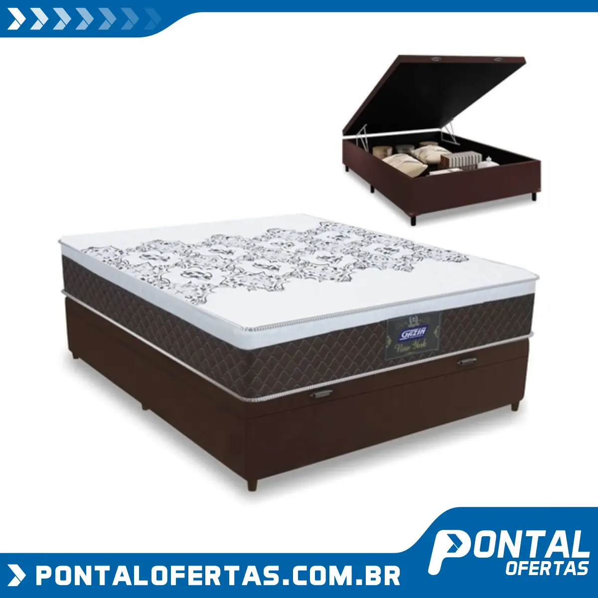 Cama Box Baú Casal Colchão Molas Ensacadas com Euro IN New York Marrom / Branco 138x188x64cm Cama Box Baú Casal Colchão Molas Ensacadas com Euro IN New York Marrom / Branco 138x188x64cm