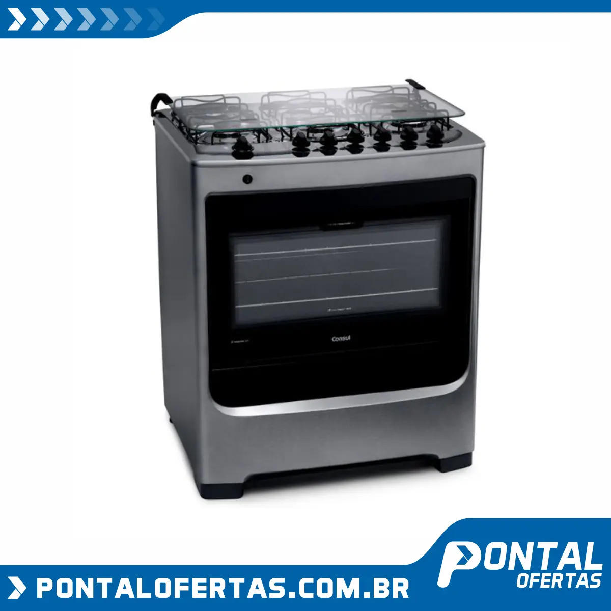 Fogão Consul 6 bocas cor Inox com botões removíveis e vidro interno vedado - BIVOLT Fogão Consul 6 bocas cor Inox com botões removíveis e vidro interno vedado - BIVOLT