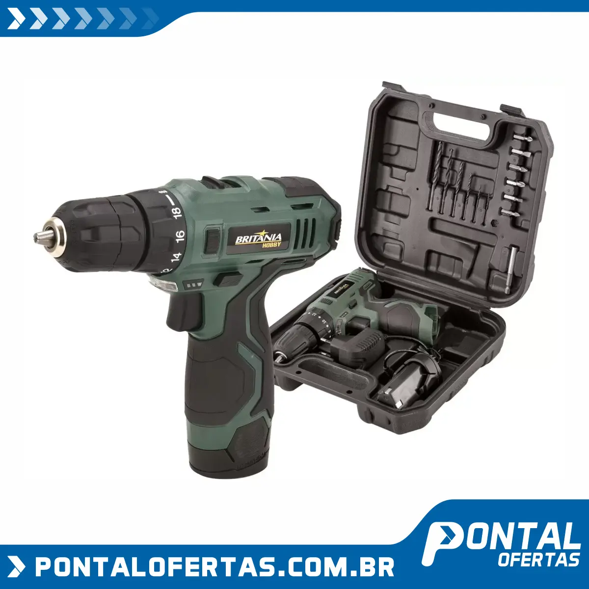 Furadeira e Parafusadeira a Bateria de Bancada - Britânia Hobby Velocidade Variável 3/8” com Maleta Furadeira e Parafusadeira a Bateria de Bancada - Britânia Hobby Velocidade Variável 3/8” com Maleta