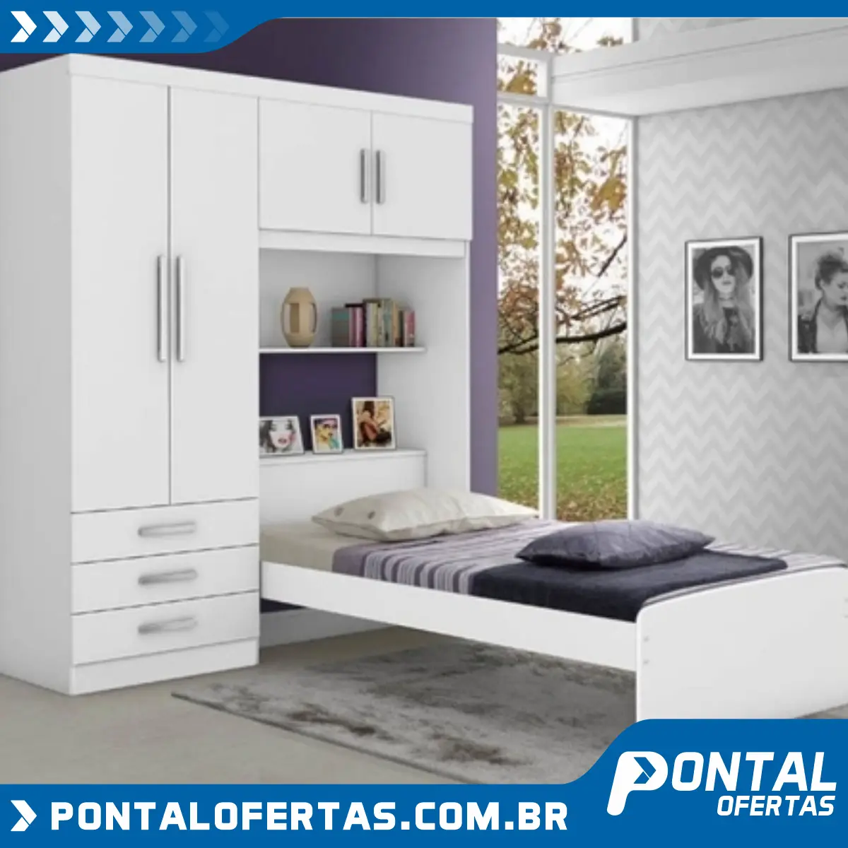 Guarda Roupa Solteiro 4 Portas com Cama de Solteiro Cancun J&A Móveis Flex Color Branco/Lilás Guarda Roupa Solteiro 4 Portas com Cama de Solteiro Cancun J&A Móveis Flex Color Branco/Lilás