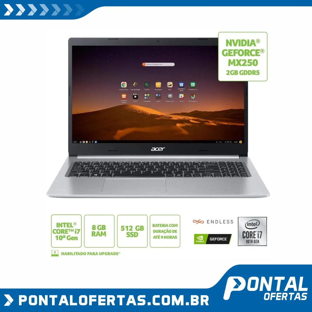 Notebook Acer Aspire 5 A515-54G-73Y1 Intel Core I7 8GB 512GB SSD MX250 15,6' Endless Os Notebook Acer Aspire 5 A515-54G-73Y1 Intel Core I7 8GB 512GB SSD MX250 15,6' Endless Os
