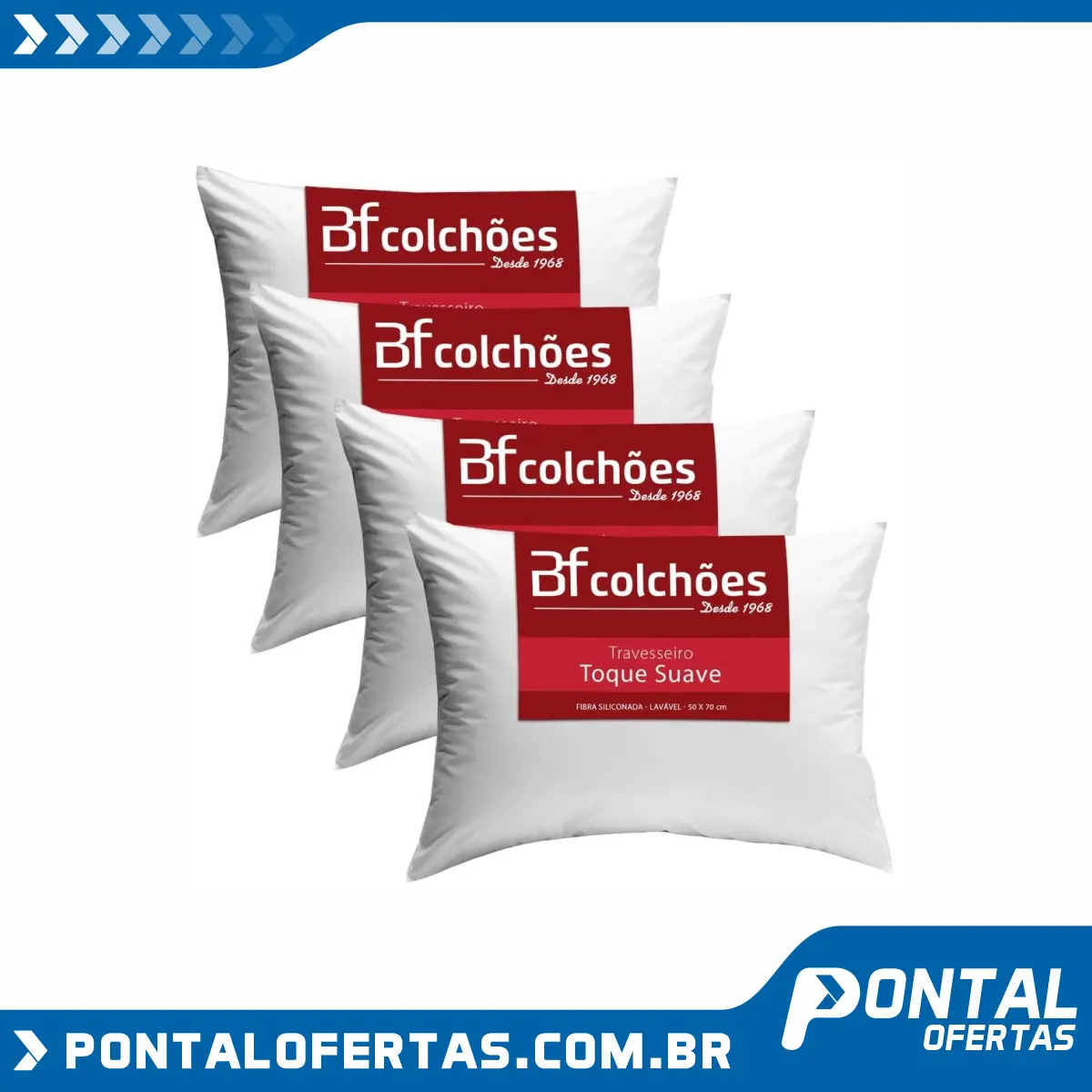 Kit 4 Travesseiros 50x70cm Antialérgico Lavável Fibra Siliconada Macio BF Colchões Kit 4 Travesseiros 50x70cm Antialérgico Lavável Fibra Siliconada Macio BF Colchões